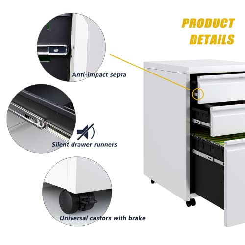 image for PayLessHere 3 Drawer Mobile File Cabinet with Lock, Under Desk Metal F