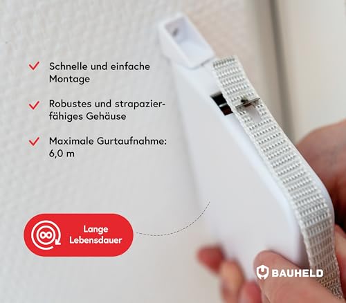 BAUHELD Rolladen-Gurtwickler Aufputz - Einfädelautomatik - Robuster Rollladen Aufwickler für Rolladengurt 23mm [ohne Gurt] - 180 Grad Schwenkbar - Maxi Rollo-Wickler mit Lochabstand 188mm - Weiß