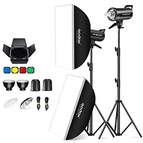 Godox 2X SK300II Studio Flash Strobe Kit:2.4G 600Ws Speedlite Flash Monolight with Bowens Mount for Studio Shooting,Location & Portrait Photography with Light Stand,Softbox,Barndoor and Umbrellas