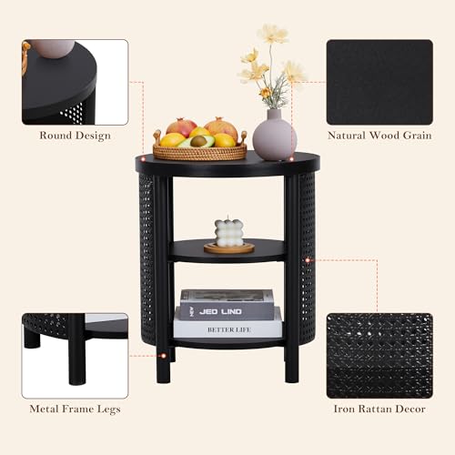 Image of 17 inch Black Round Side Table with Iron Rattan, Modern Unique Round Wood Nightstand Set of 2, 3-Tier Small Bedside End Table for Living Room, Bedroom (Black)