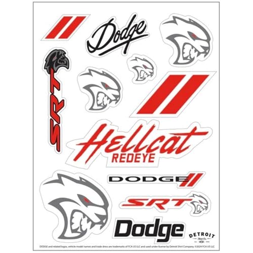 Detroit Shirt Company Dodge SRT Hellcat Redeye 11-Decal Sticker Sheet | Redeye, SRT, Dodge Rhombus, and Red Stripes Stickers | 6″x8″ Indoor/Outdoor Peel-Off Stickers