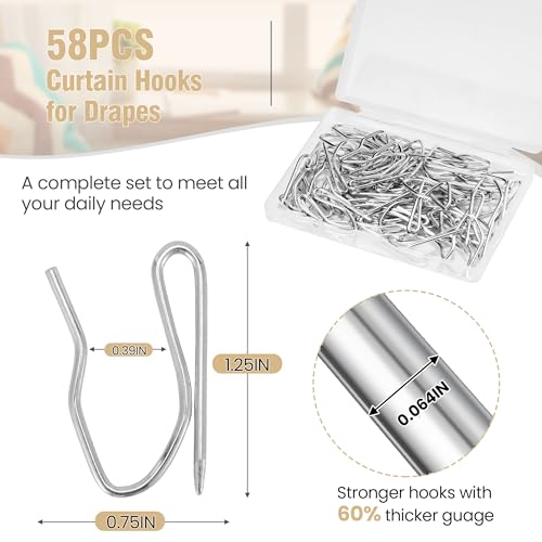Junreox 58PCS Curtain Hooks for Drapes, Premium 1.25IN Rustproof Drapery Hooks Pins for Pleat Curtain, Heavy Duty Metal Drapery Pins for Window/Door/Shower/Living Room/RV Curtains - Thumbnail 2