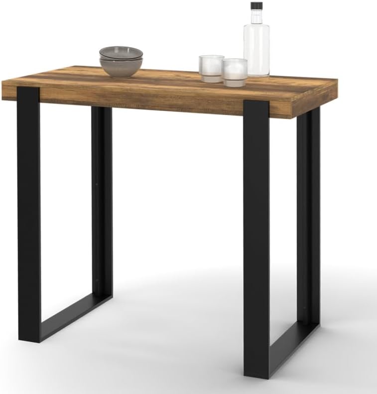 Table Haute De Bar PHOENIX 90 Cm - Plateau Bois Vieilli, Pieds Noirs - Style Rustique Pour Cuisine/salon - 12
