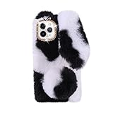 Mikikit Black Fluffy Fur Plush Case for iPhone 11 Pro Max Cute Spotted Bunny Furry Girly Cover 3D An