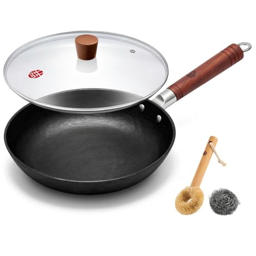 Image of WANGYUANJI 11 Inch Cast Iron Skillet with Glass Lid, Uncoated Cast Iron Frying Pan for Steak, Eggs, Sauteing,Flat Bottom Skillet for Gas, Electric & Induction Cooktops
