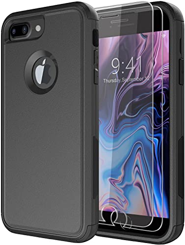 Diverbox Designed for iPhone 8 Plus case iPhone 7 Plus case with Screen Protector Heavy Duty Shockproof Shock-Resistant Cases for Apple iPhone 8 / 7plus Phone (Black+Screen Protector)