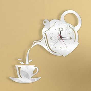 Coffee Cup Teapot Diy Wall Clock,3D Modern Wall Decoration Clock with Mirror,Coffee Sticker Decoration Living Room Home Clock Wall Clock,for Family Office Hotel Bedroom Coffee ShopSilver