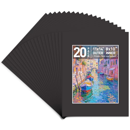 Golden State Art, Pack of 20 11x14 BLACK Picture Mats with White Core Bevel Cut for 8x10 Pictures