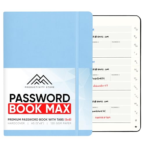 PRODUCTIVITY STORE Best Password Book With Alphabetical Tabs | Password Book, Organizer & Notebook | Password Keeper To Keep Website Logins & Passwords Safe | Black | Medium 5x8