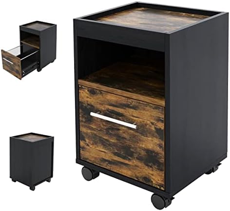 File Cabinet, Mobile Filing Cabinet with Lock on Wheels, 1 Drawer, Open Shelf, File Cabinet for A4/Letter/Legal Size, Printer Stand, Wooden Storage Cabinet, Brown and Black, Vintage