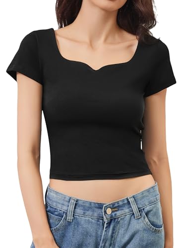 Image of Aranmei Women's Short Sleeve Sweetheart Neck Crop Top - Slim Fit Going Out Basic Tee Shirt, Summer Casual Sexy Tee Black