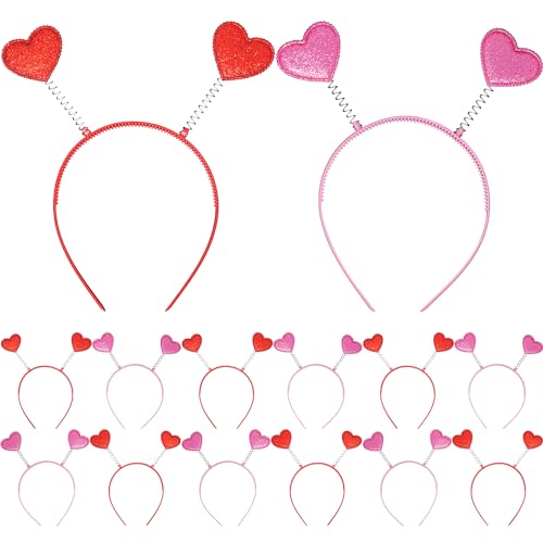 KatchOn, Glitter Pink and Red Heart HeadBand - Pack of 12 | Valentines Day Heart Head Boppers for Valentines Day Decor | Heart Antenna Headband, Valentines Headband | Valentines Party Decorations