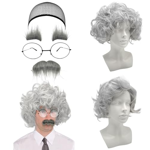 SAIIURV 5 Pcs Costume Scientifique Set Perruque Grise avec Barbe Lunettes Bonnet de Perruque Perruque Homme Perruque Grand père Costume Professeur pour Cosplay Fête Halloween Carnaval (Gris)