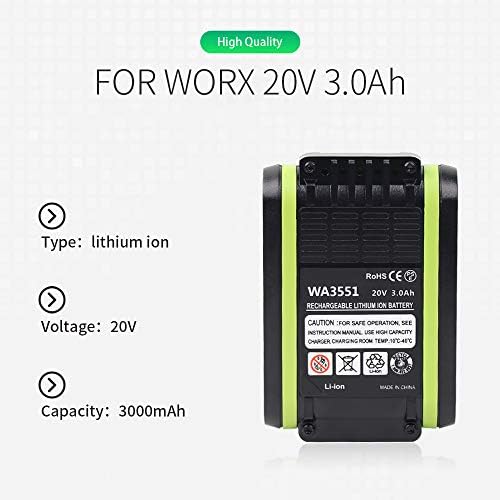 Jialitt 20V 3.0Ah Replacement Battery for Worx Battery WA3551 WA3551.1 WA3553 WA3553.1 WA3572 WA3641 Lithium Battery Compatible with Worx 20V Power Tools