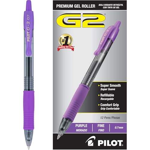 Pilot G2 Premium Gel Roller Pens, Fine Point 0.7 mm, Purple Ink Pens Fine Point, Pack of 12 - Ideal for School, Journaling, and Office Writing
