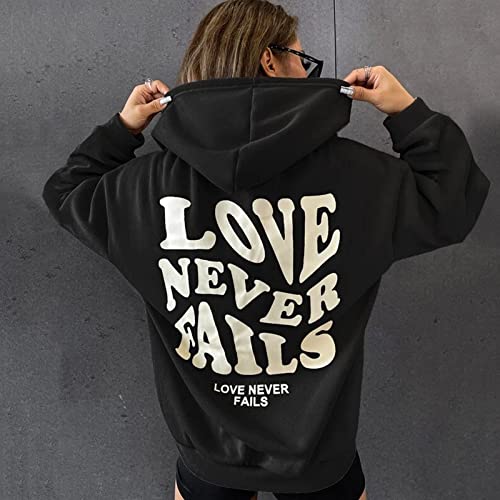 Women's Hoodie Sweatshirts Fashion Love Never Fails Letter Graphic Tee Shirts Long Sleeve Pullover Loose Fit Tops Black #TOP1