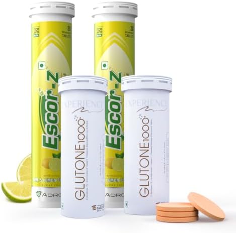 Glutone 1000 & Escor-Z Combo Pack| Setria L-Glutathione, Vitamin C Effervescent Tablets| Healthy Skin| 15 (2) + 20 (2) Tablets (Lemon Flavour)