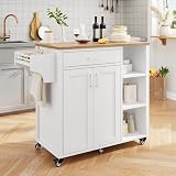 DWVO Rolling Kitchen Island Table on Wheels, Mobile Kitchen Cart with Storage, Butcher Block Island with Open Shelf, Drawer, Spice/Towel Rack, 37inch, White