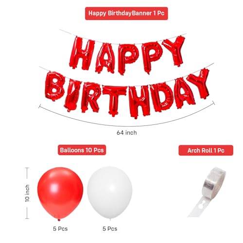 Party Propz Happy Birthday Decoration Kit Red Theme – 12 Pcs with Happy Birthday Banner, Red And White Balloons For Decoration, Arch Roll for Bday Decor items,Foil Letter Balloons (Latex, Foil)