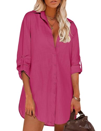 Image of HOTOUCH Women Boyfriend Shirts Button Down Long Sleeve Blouse Cuffed Sleeve Collared Shirt