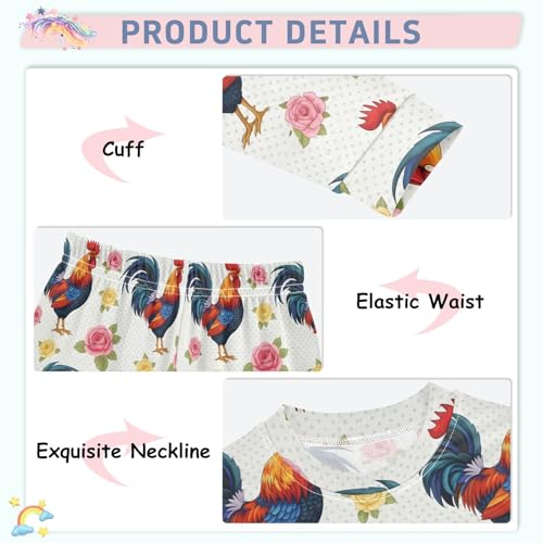 Pajama Sets Long Sleeve Rooster and Roses Pattern Soft Comfy Sleepwear 2 Piece PJS 3-8T4