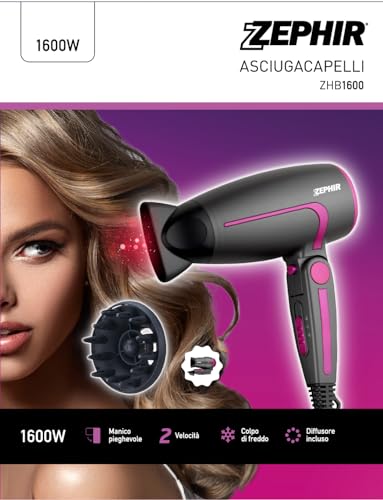 Zephir, Asciugacapelli, Potenza 1600W, 2 Velocità, Colpo Di Freddo, Concentratore E Diffusore Inclusi, Colore Nero/Rosa - 5