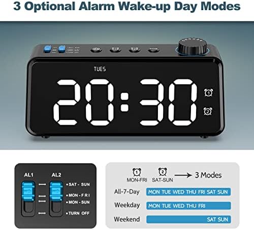 ANJANK Bedside FM Radio Digital Alarm Clock: USB Charging Station | 0-100% Dimmer | Mains Power with Battery Backup | 2 Alarm with Weekday or Weekend | 6.5" Large LED Display | Sleep Timer for Bedroom
