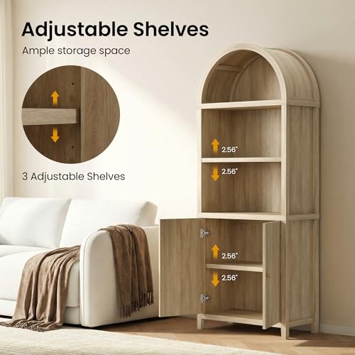 Image of ModernMate 76 inch Tall Arched Bookcase, 5 Tier Fluted Cabinet with Doors & Adjustable Shelves, Large Arch Bookshelf with Storage, Modern Open Display Tall Pantry for Living Room, Office, Natural Oak
