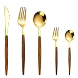 Doyingus 30-Piece Cutlery Set Stainless Steel Silverware Set Wooden Handle with Golden Mouth...