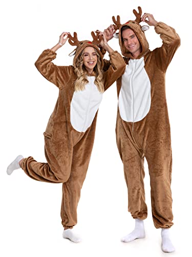 Reindeer Onesie Adult, Christmas Onesie Pajamas Women Men, Family Deer Costume Teen Large