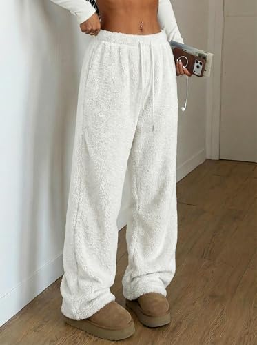 Image of ZAFUL Women's Fuzzy Plush Pajama Pants Wide Leg Pj Bottoms Lounge Pants | Soft Fluffy Sleep Pants Drawstring Elastic Waist Teddy Pjs for Women No Pockets