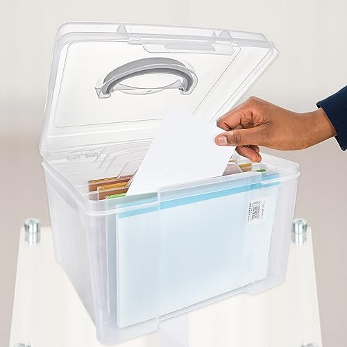 Image of ABuff Greeting Card Storage & Organizer Box with 6 Adjustable Dividers, Clear Plastic Photo Storage Box Card Organizer Box for Photos, Envelopes, Scrapbook, Stickers