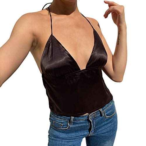 Y2k Top Licol de millions de Crop Tops E-irl Sexy Dos Nu Débardeur Femme Harajuku Streetwear Camis Party Tops - Marron - M Cover