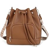 AFKOMST Leather Bucket Bag and Drawstring Crossbody Purse for Women Medium Tote and Hobo Handbag ...