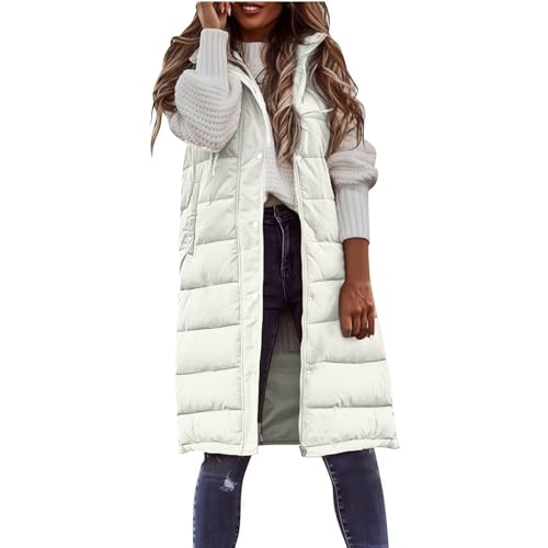 Long Puffer Vest Women Sleeveless Puffer Jacket with Hoodie Button