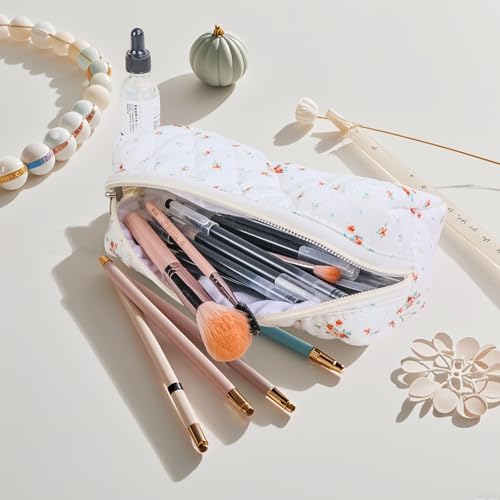 Image of Carry bloom Pencil Pouch Cute Pencil Case for Girls Aesthetic Pencil Bag with Zipper Pen Cases School Supplies Makeup Bag (3 floral beige)