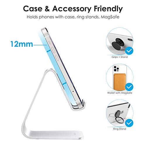 Omoton Upgraded Aluminum Cell Phone Stand, C1 Durable Cellphone Dock With Protective Pads, Smart Stand Designed For Iphone 14 Plus, 14/13/12/11 Pro Max Xr Xs, Ipad Mini, Android Phones, Silver #TOP2