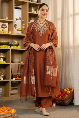 Image of Klosia Women Embroidery Solid Straight Kurta and Pant Set with Dupatta