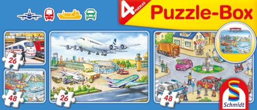 Schmidt Spiele 56508 Verkehrsmittel, 4 Kinderpuzzle im Metallkoffer, 2x26 und 2x48 Teile
