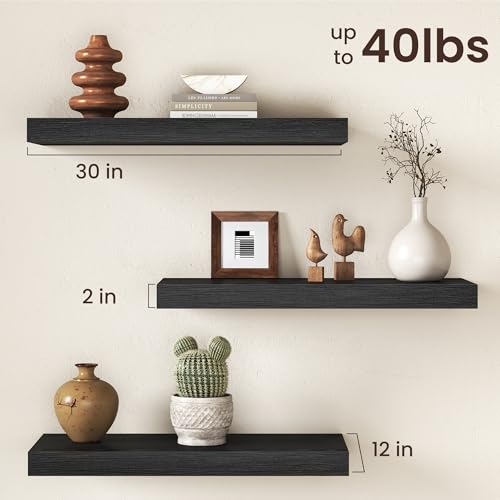 Image of 30Inch Black Floating Shelves for Wall, 12 Inch Deep Shelves for Bedroom, Kitchen, Bathroom Wall Mounted, Rustic Wood Floating Shelf with Invisible Brackets for Books, Storage, Decor, 2 Packs