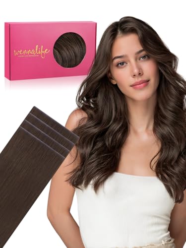 Image of WENNALIFE Invisi Edge Tape in Hair Extensions Human Hair,#4,20 Inch | 20 Inch 20g 4pcs Chocolate Brown Invisi Remy Tape Ins Straight Reusable Natural Injected Weft tensiones