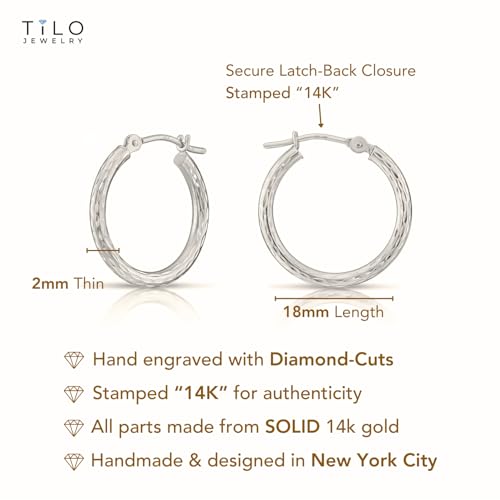 14k White Gold Hand Engraved Full Diamond-cut Round Hoop Earrings3