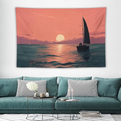 Tapisserie murale coucher du soleil mer grande taille en tissu léger vintage decoration