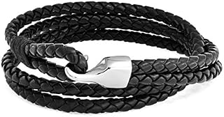 Multilayer Black Braided Woven Wrap Leather Bangle Bracelet for Men for Women Stainless Large Hook Latch Clasp Stackable