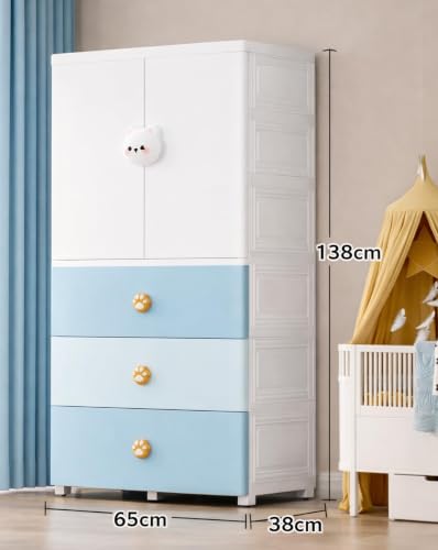 Image of Kids Plastic Collapsible Wardrobe Organizer for Storage with Drawers | Cute Cartoon Design | Heavy Duty Runner Rug Floor Mat Carpets Organizer Bedroom, Living Room (Blue-Bear, 1+3-Door)