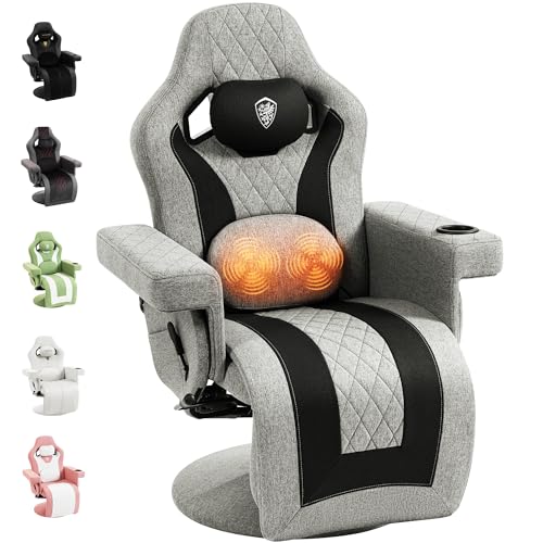 Dowinx Relaxsessel Gaming Sessel mit Shiatsu Massagefunktion, Fernsehsessel mit Liegefunktion 90°–135° und Fußstütze, 360° drehbarer Gaming Stuhl ohne Rollen, Getränkehalter, Seitentaschen, Grau