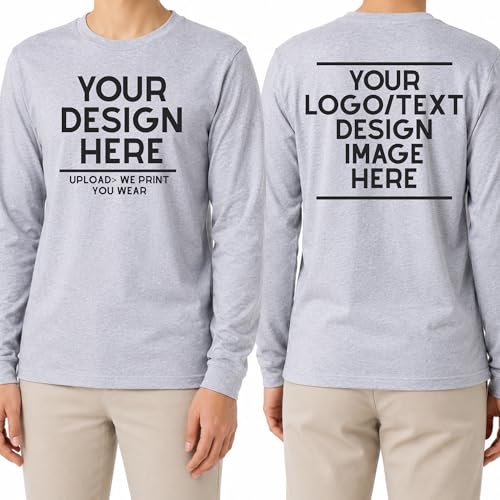Custom Long Sleeve Shirt for Men Women, Personalized Logo Text Photo Tee, Front Back Print Custom Work Family Team Shirt Gift Adult Heather Light Gray Medium