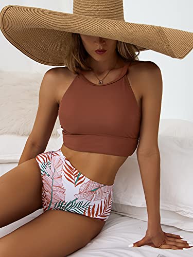 Makemechic Women's High Waisted Bikini Sets Tropical 2 Piece Swimsuit Bathing Suit Brown L #TOP4