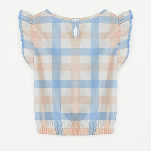 Meilidress Kids Girl's V Neck Ruffle Sleeve Tops Plaid T-Shirt Blouse Pullover 5-12 Years Blue #TOP5