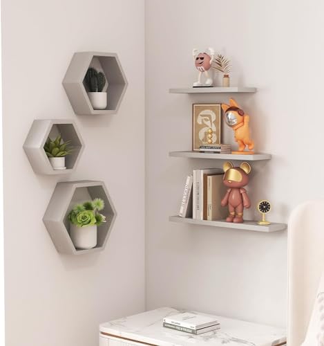 Image of Wooden Floating Wall Shelves Wall Mounted - Set of 6 Hexagon Shelves Display for Photos, Plants, Honeycomb Shelves for Living Room, Bedroom, Bathroom, Kitchen, Office (Grey)
